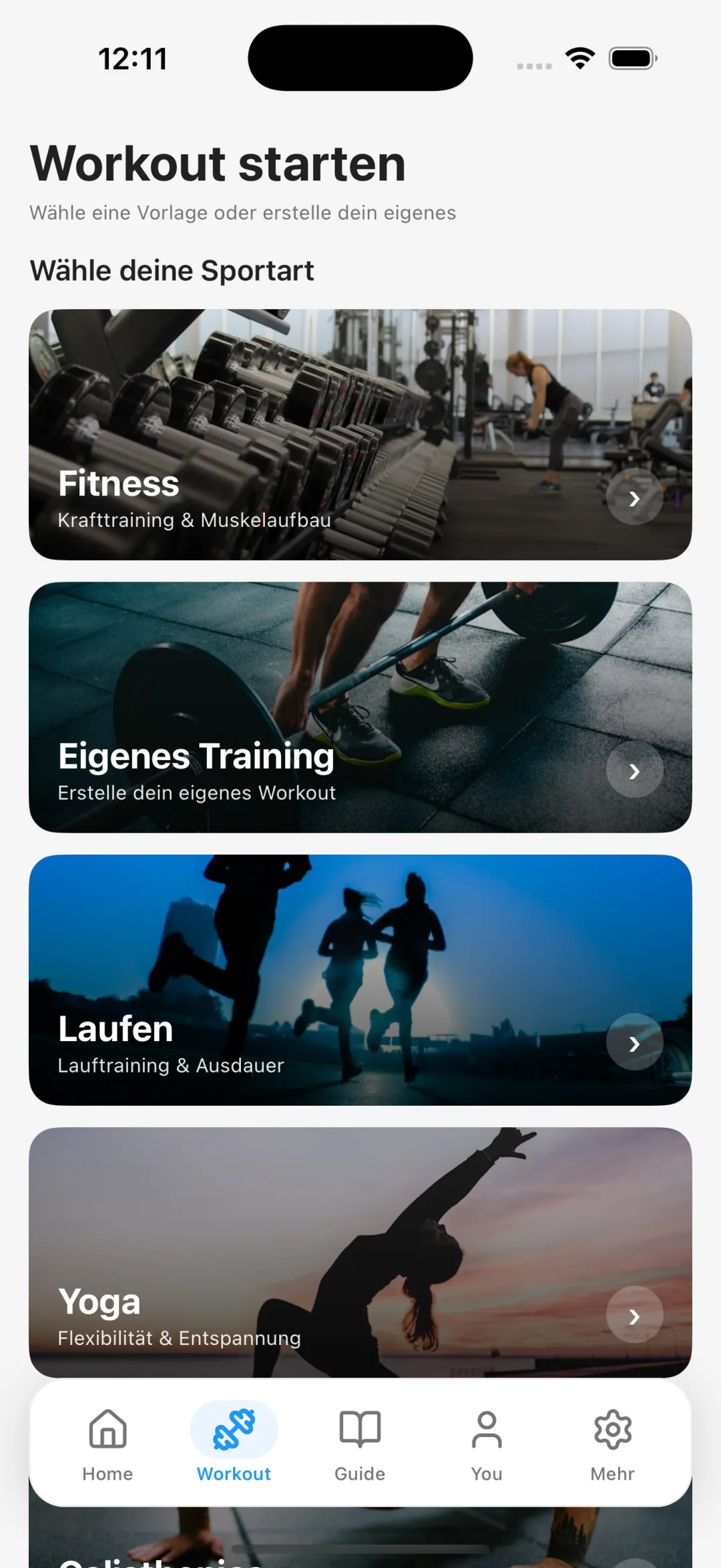 ShapyFit App - Workout Übersicht